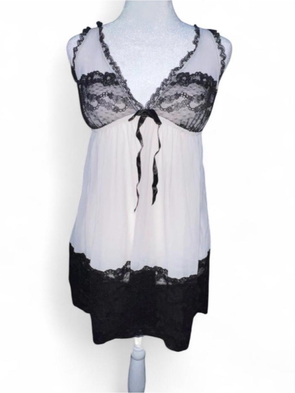 Sheer Contrast Soft Rose Pink & Black Lace Babydoll Nightdress